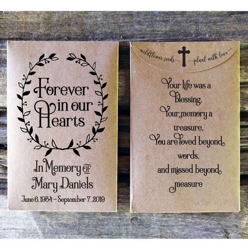 Memorial Seed Packet Favors, Personalized Funeral Seed Envelopes, Celebration of Life, Custom Remembrance Gifts, Set of 25